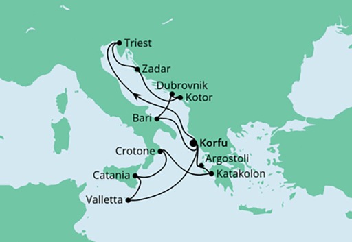 mapa AIDAblu rejs Adriatyk i Wyspy Śródziemne i