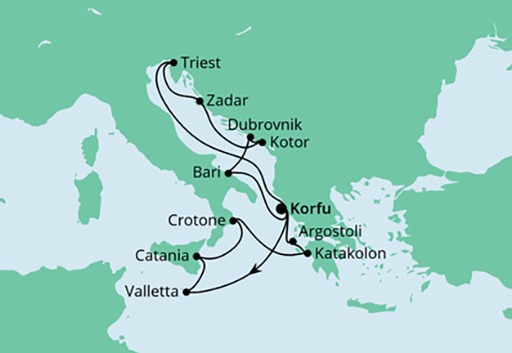 mapa AIDAblu rejs Adriatyk i Morze Śródziemne