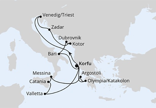 mapa AIDAblu rejs Adriatyk i Wyspy Śródziemne