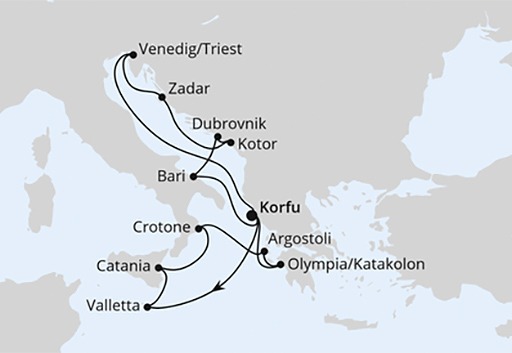 mapa AIDAblu rejs Adriatyk i Wyspy Śródziemne
