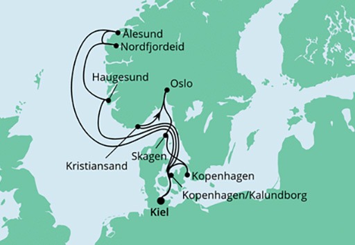mapa AIDAnova Skandynawia z Kilonii