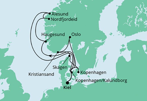 mapa AIDAnova rejs Skandynawia z Kilonii