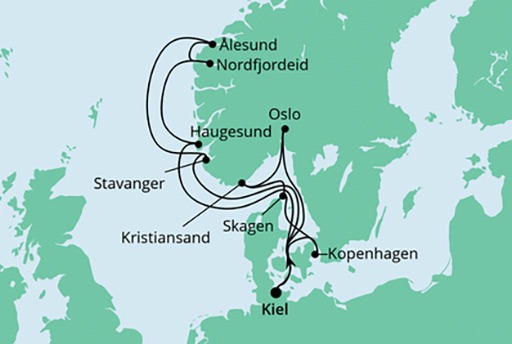 mapa AIDAnova rejs Skandynawia z Kilonii
