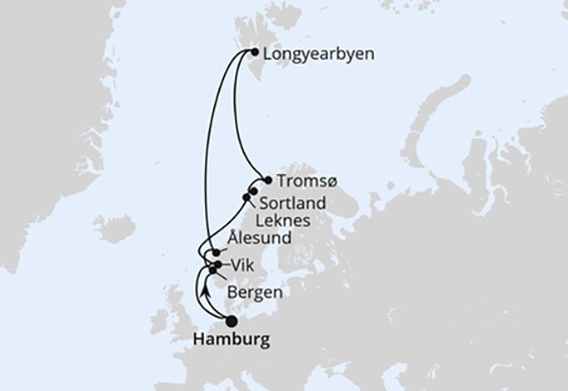mapa AIDAluna rejs Norwegia, Spitzbergen i Lofoty