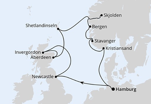 mapa AIDAsol rejs Anglia, Szkocja i Norwegia