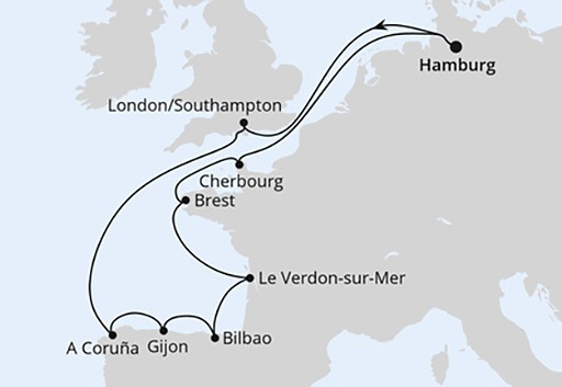 mapa AIDAsol rejs Kanal La Manche i Zatoka Biskajska