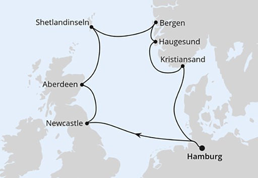 mapa AIDAsol rejs Wielka Brytania i Norwegia