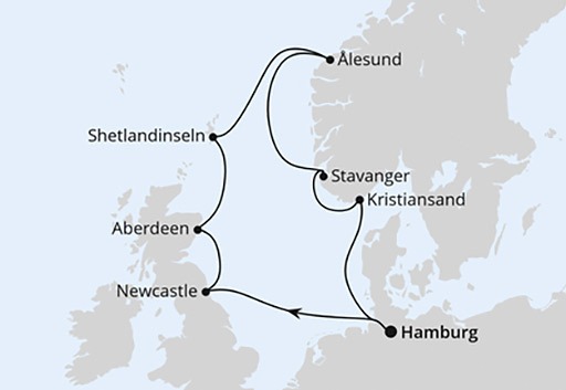 mapa AIDAsol rejs Wielka Brytania i Norwegia