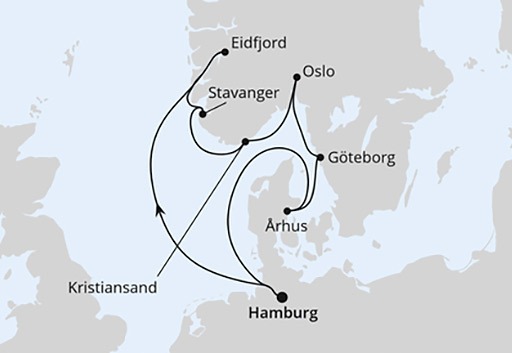 mapa AIDAsol rejs Wybrzeże Norwegii i Dania