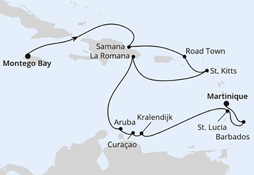 mapa AIDAdiva rejs Karaiby i Małe Antyle