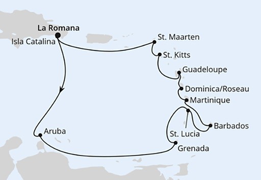 mapa AIDAdiva rejs Wyspy Karaibskie
