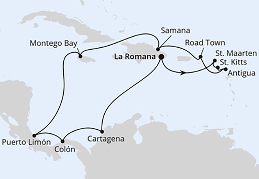 mapa AIDAluna rejs Karaiby i Ameryka Środkowa z Dominikany