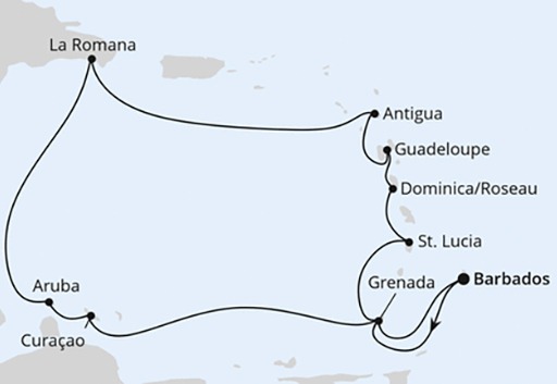 mapa AIDAperla Wyspy Karaibskie z Barbadosu
