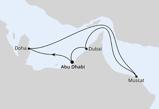 mapa AIDAprima rejs Arabskie Noce z Abu Zabi