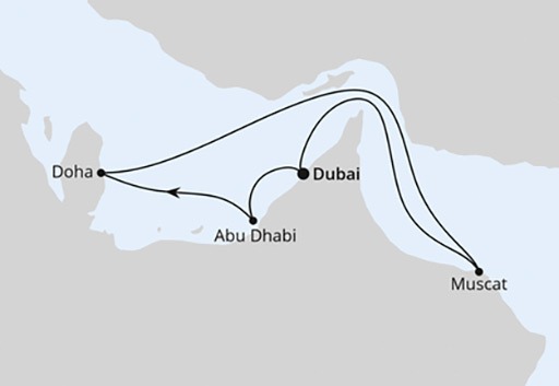 mapa AIDAprima rejs Arabskie Noce z Dubaju