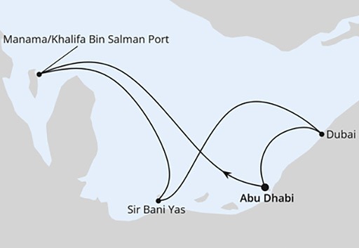 mapa AIDAprima rejs Orient z Abu Zabi