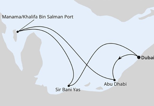 mapa AIDAprima rejs Orient z Dubaju - sylwester