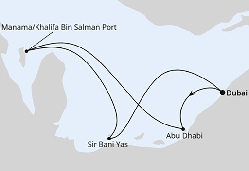 mapa AIDAprima rejs Orient z Dubaju
