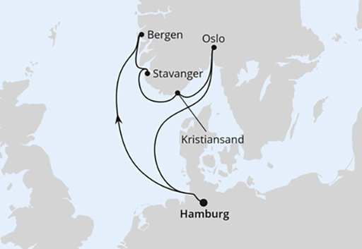 mapa AIDAnova rejs Norwegia Południowa z Hamburga
