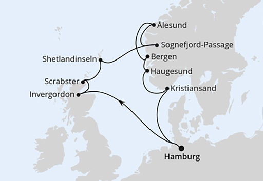 mapa AIDAsol rejs Wyspy Nordyckie z Norwegią