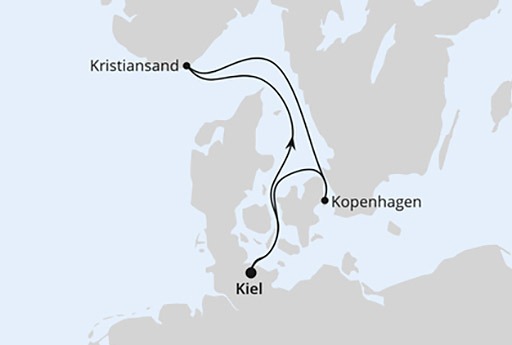 mapa AIDAluna. rejs Krótka wycieczka do Kristiansand i Kopenhagi