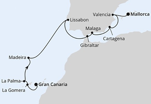 mapa AIDAluna z Gran Canarii na Majorkę