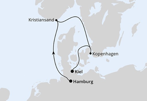 mapa AIDAluna rejs Krótka wycieczja do Kristiansand i Kopenhagi