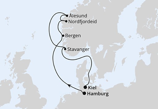 mapa AIDAnova rejs Norwegia z Hamburga do Kilonii
