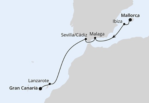 mapa AIDAcosma rejs Z Majorki na Gran Canarię