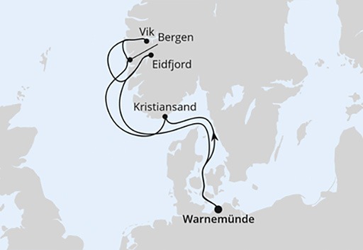 mapa AIDAdiva rejs Norweskie Fiordy z Warnemunde