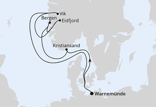 mapa AIDAdiva rejs Norweskie Fiordy z Warnemunde