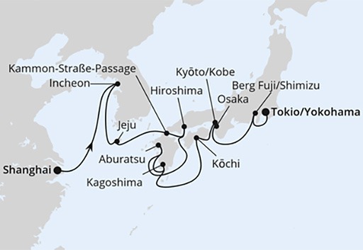 mapa AIDAstella rejs Chiny, Kora Południowa i Japonia