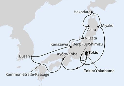 mapa AIDAstella rejs dookoła Japonii
