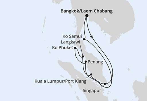 mapa AIDAstella rejs Tajlandia, Malezja i Singapur