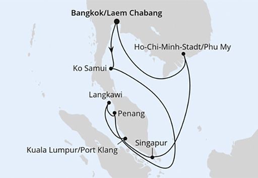 mapa AIDAstella rejs Tajlandia, Malezja, Singapur i Wietnam