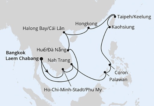 mapa AIDAstella rejs Wietnam, Filipiny, Tajwan i Hongkong