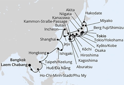 mapa AIDAstella rejs Wyprawa z Bangkoku do Tokio