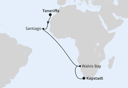 mapa AIDAprima rejs z Teneryfy przez Namibię do Kapsztadu