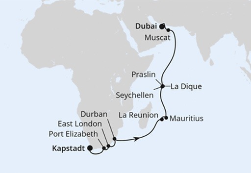 mapa AIDAstella rejs Południowa Afryka, Mauritius i Seszele