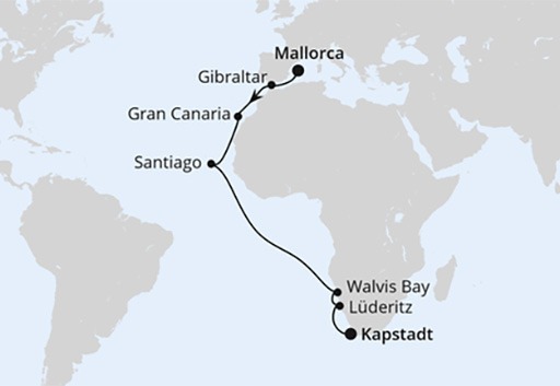 mapa AIDAstella rejs z Majorki do Kapsztadu