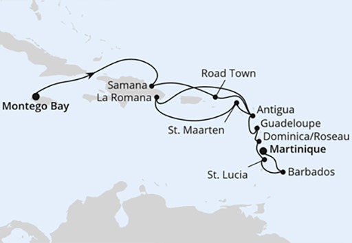 mapa AIDAbella Karaiby i Małe Antyle z Jamajki