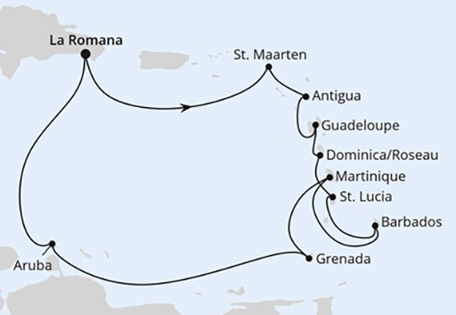 mapa AIDAbella rejs Wyspy Karaibskie z Dominikany