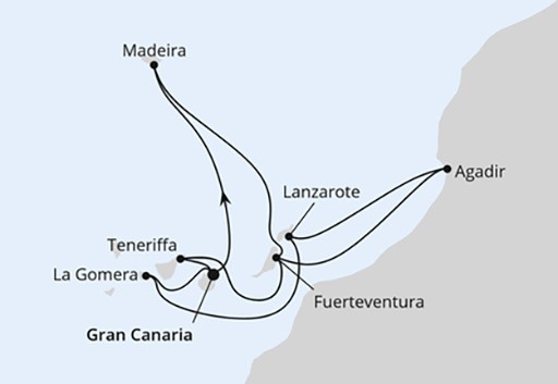 mapa AIDAblu rejs Wyspy Kanaryjskie, Madera i Maroko
