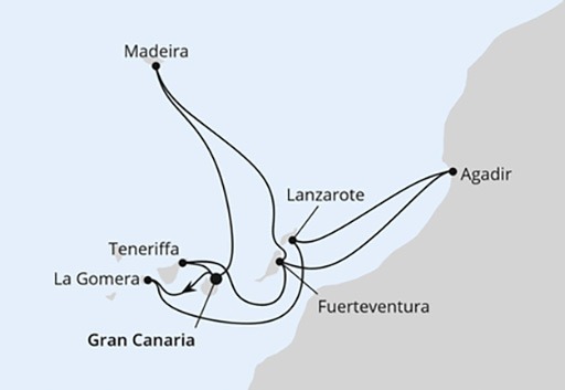 mapa AIDAblu rejs Wyspy Kanaryjskie, Madera i Maroko