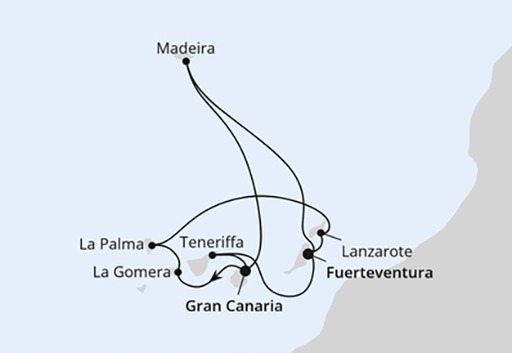 mapa AIDAblu rejs wspaniała wycieczka na Kanary i Maderę