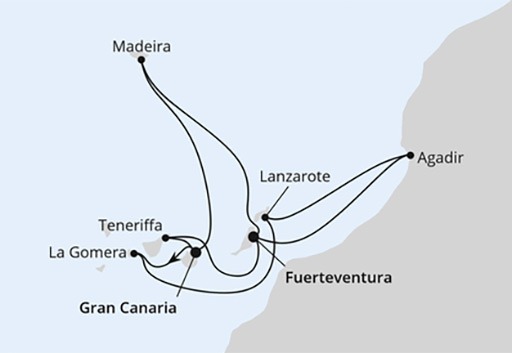 mapa AIDAblu rejs Wyspy Kanaryjskie Madera i Maroko