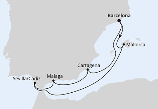 mapa AIDAcosma rejs Hiszpańskie Wybrzeże z Barcelony