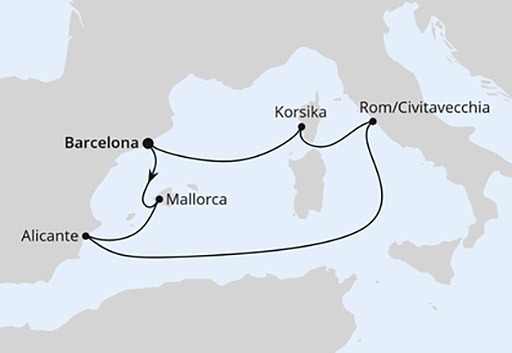 mapa AIDAcosma rejs wielkanocny z Barcelony