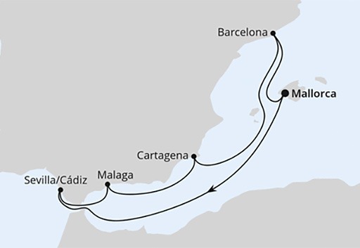 mapa AIDAcosma rejs Hiszpańskie Wybrzeże