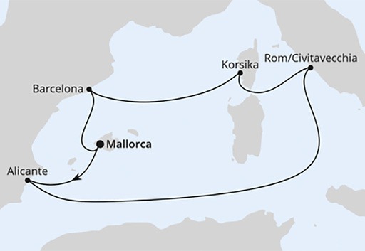 mapa AIDAcosma rejs wielkanocny z Majorki